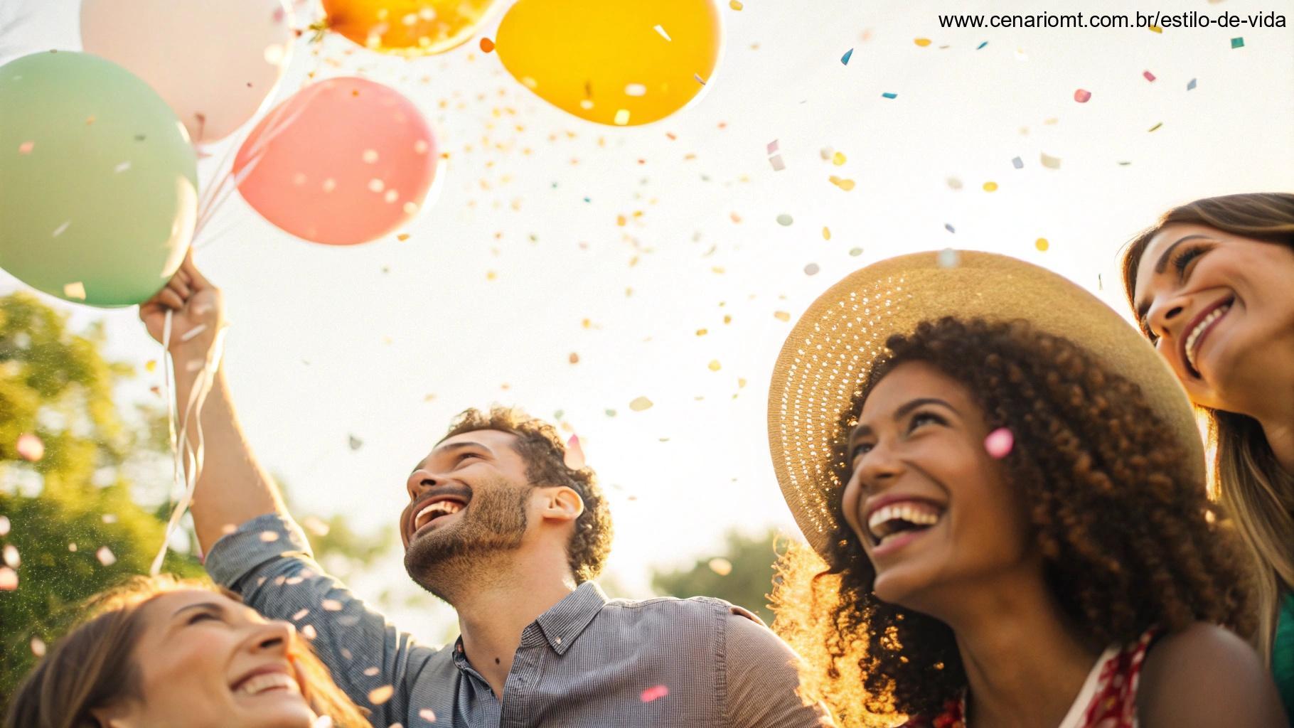 Pessoas sorrindo e celebrando ao ar livre com balões e confetes no ar.