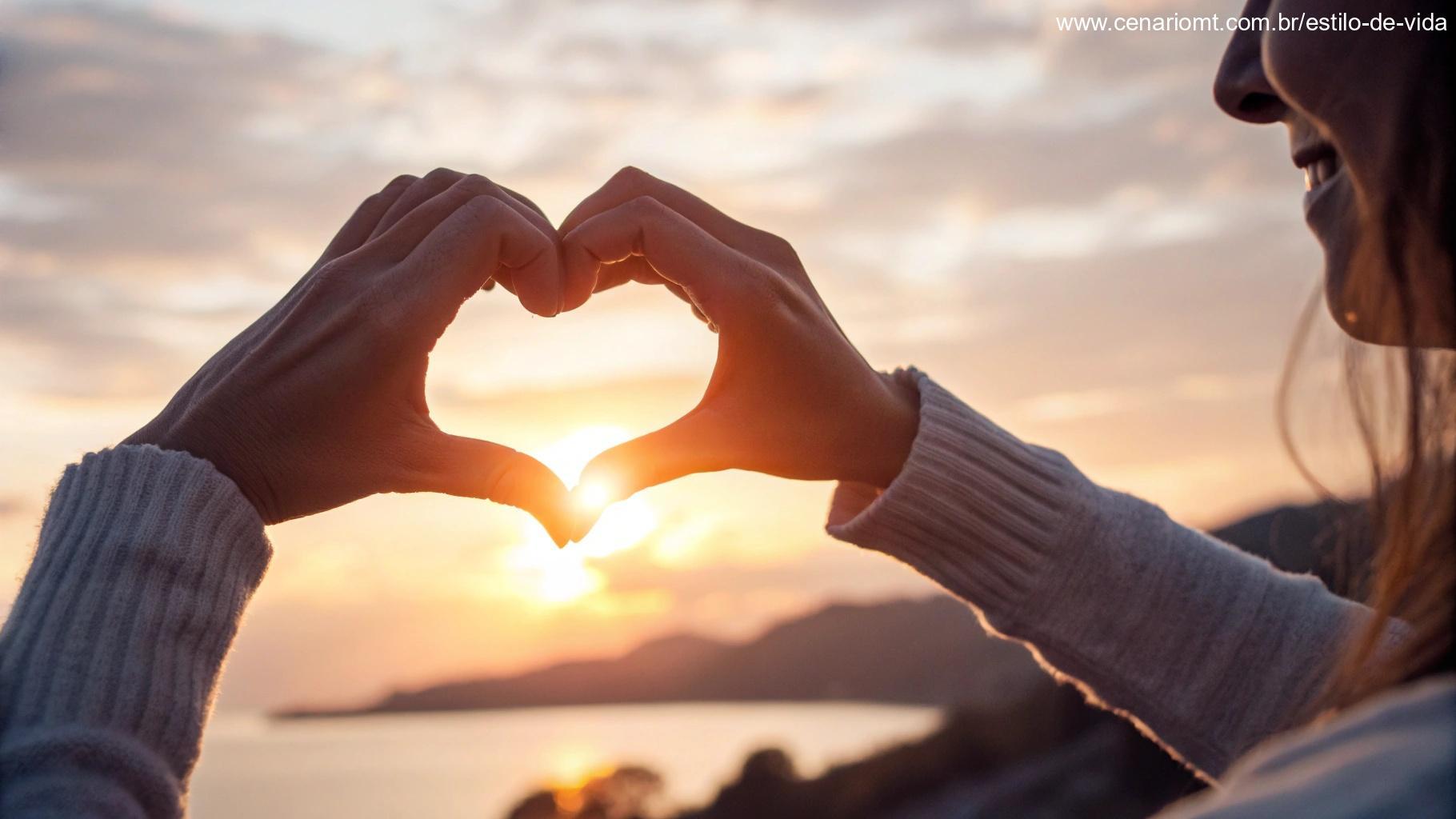 Mãos formando um coração contra o pôr do sol, transmitindo amor e gratidão.