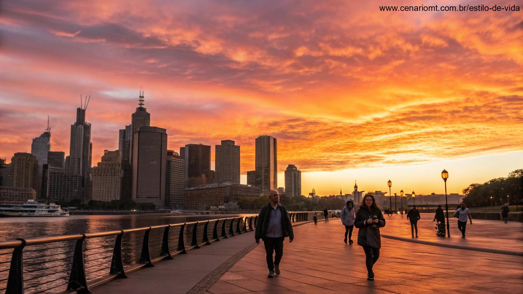 Amanhecer vibrante sobre uma cidade bonita, com pessoas caminhando e sorrindo, irradiando energia positiva.