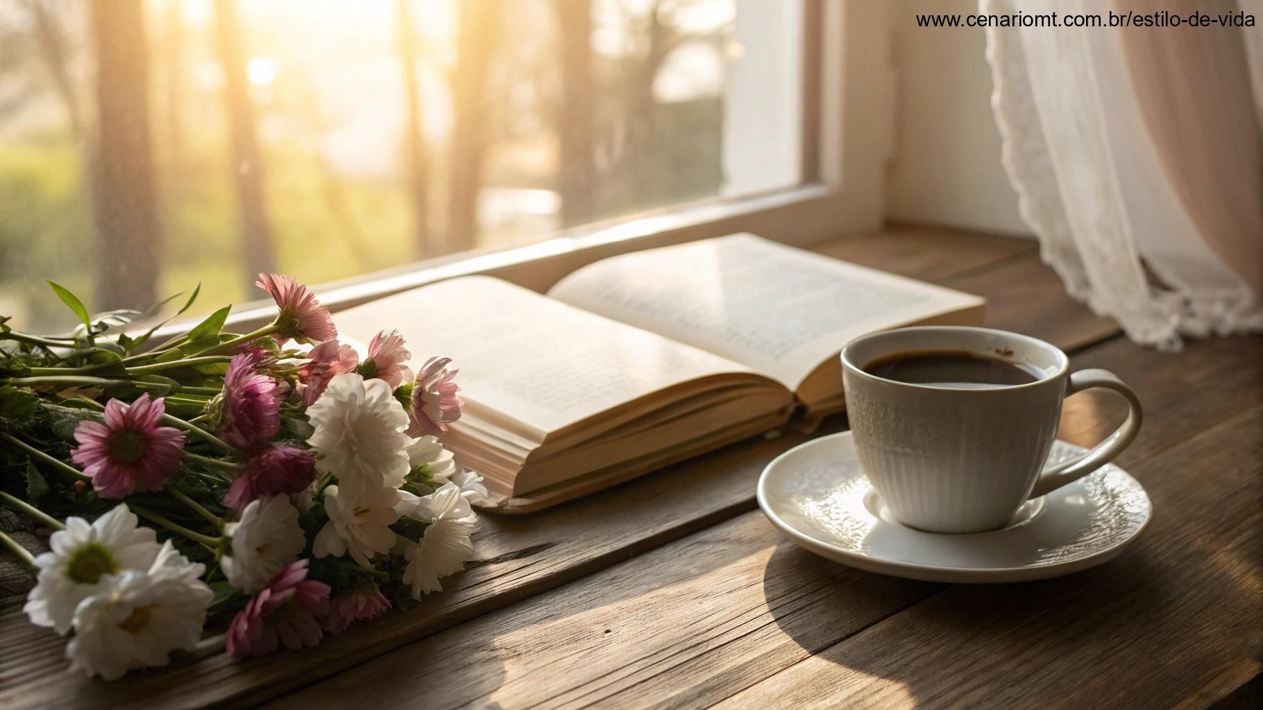 Cena acolhedora de manhã com café, livro aberto e flores, irradiando boas energias.