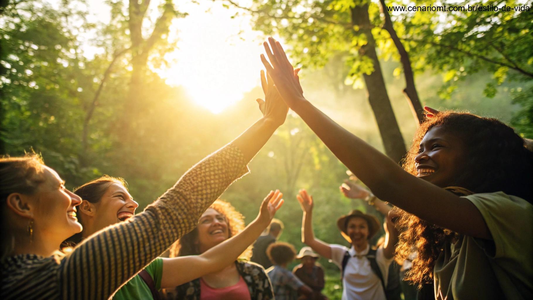 Pessoas compartilhando sorrisos e boas energias sob a luz dourada do sol.