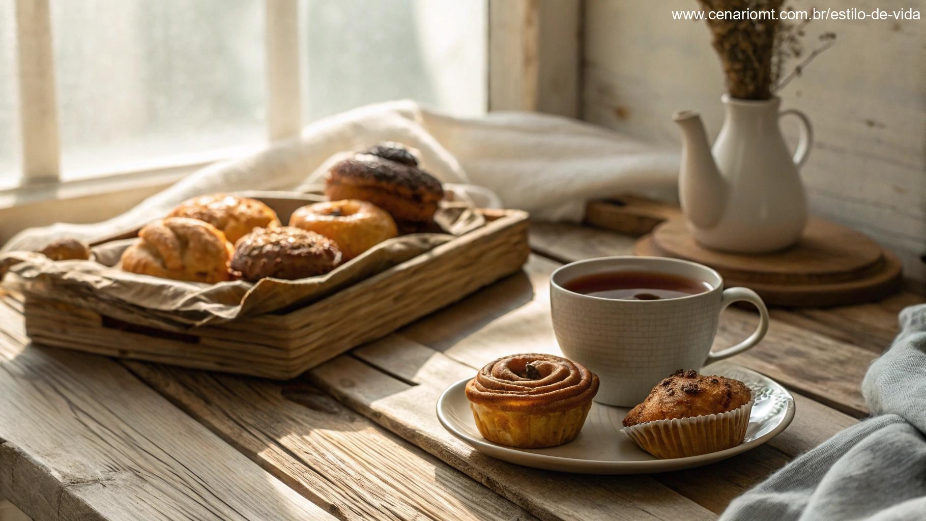 Mesa de café da manhã aconchegante com chá e bilhete manuscrito.