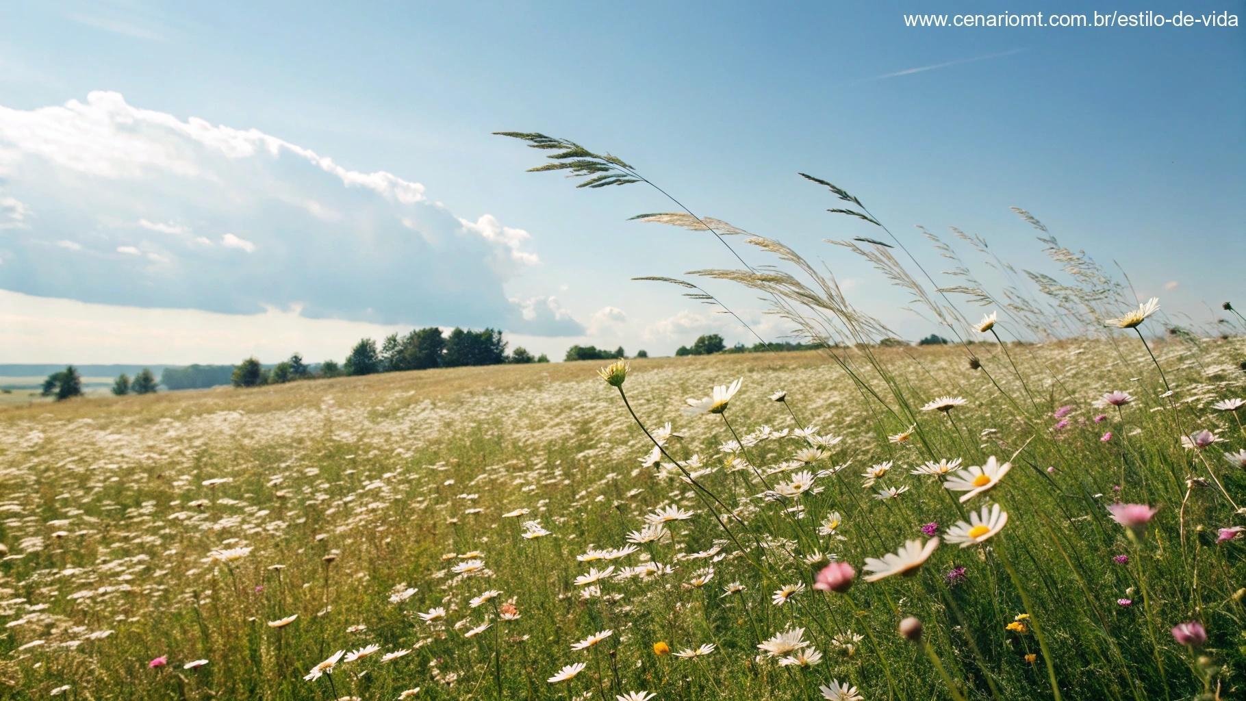 Uma brisa suave movendo-se por um campo de flores, simbolizando a propagação de positividade e bênçãos.