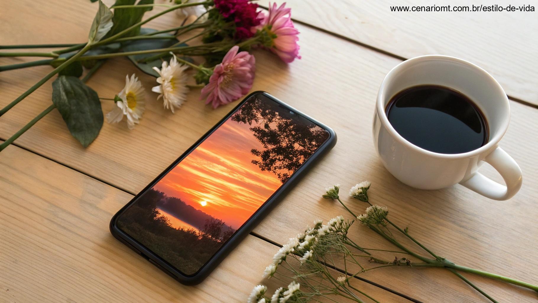 Um smartphone sobre uma mesa de madeira com um lindo fundo de nascer do sol na tela, cercado por flores e uma xícara de café