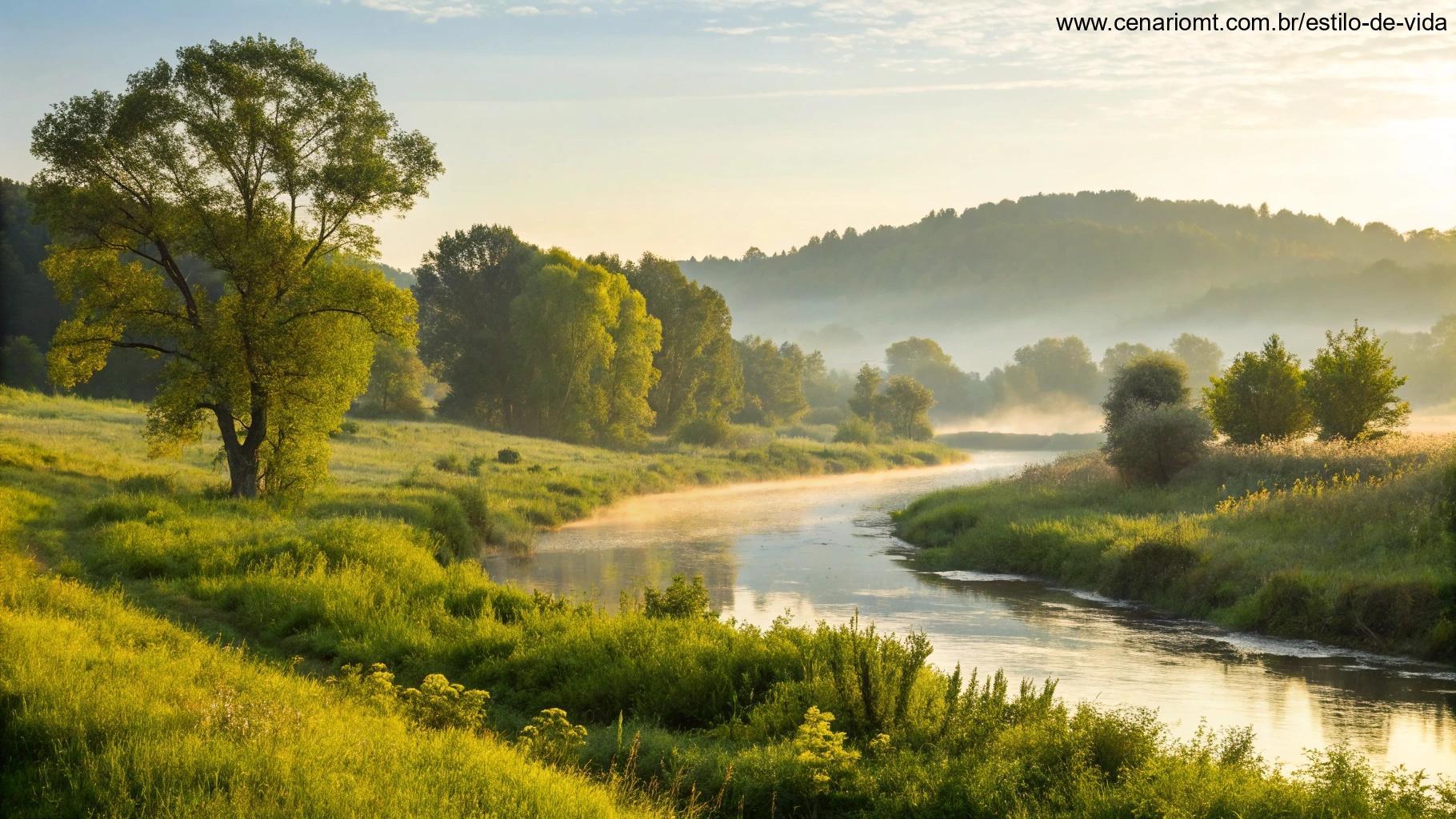 Uma paisagem serena com um rio calmo fluindo suavemente entre a vegetação, banhado pela luz dourada suave da manhã, transmitindo paz, fé e renovação.