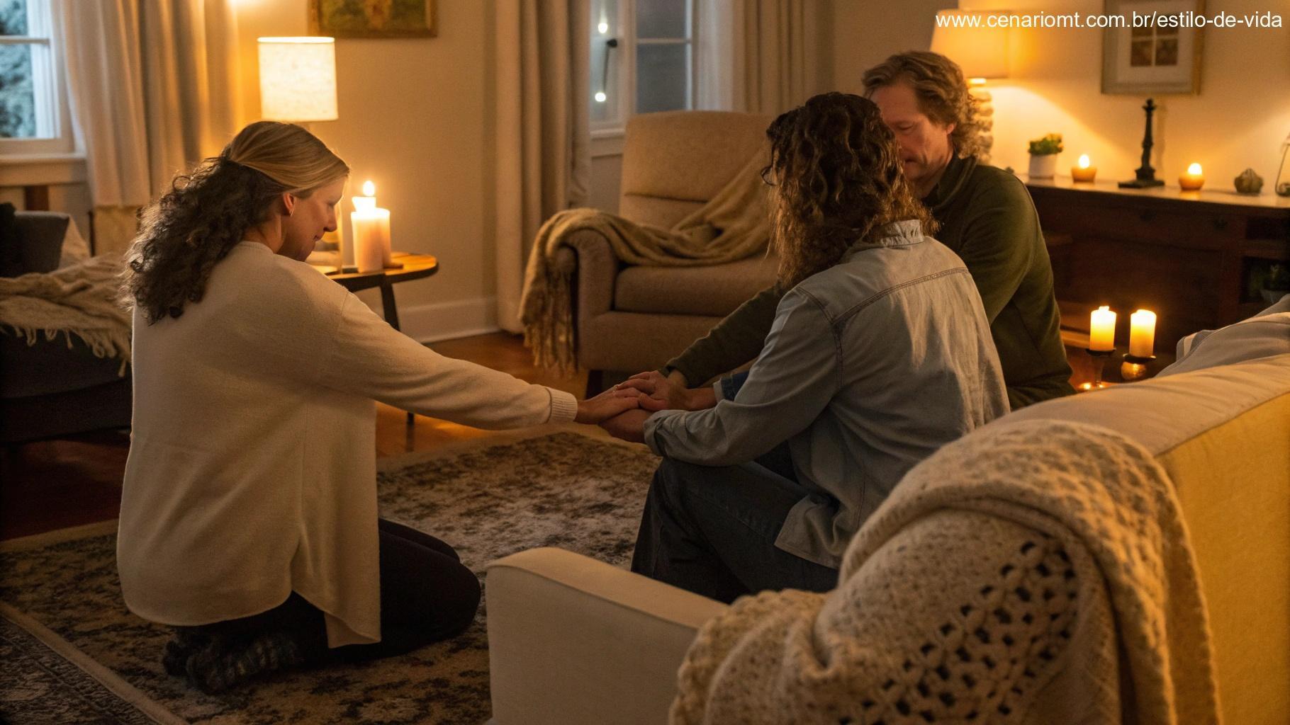 Cena acolhedora de pessoas reunidas em uma sala aconchegante, de mãos dadas em oração, com a luz suave das velas criando uma atmosfera de paz, representando união e fé.