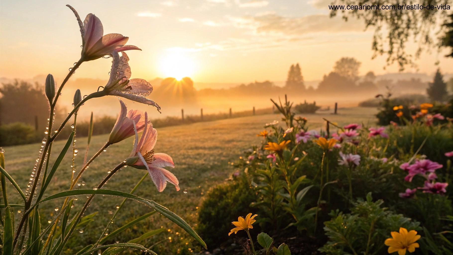 Nascer do sol acolhedor iluminando um jardim pacífico com pétalas delicadas cobertas de orvalho.
