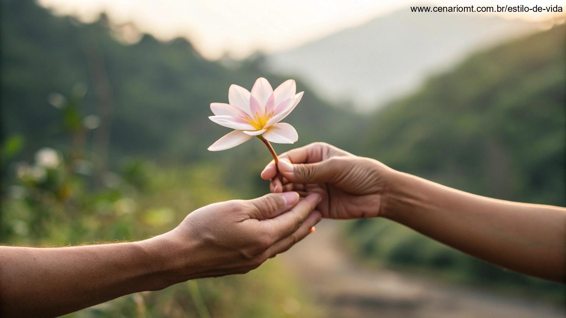 Imagem tocante de duas mãos segurando suavemente uma flor que está florescendo, simbolizando amor e carinho, com um fundo suave de natureza.