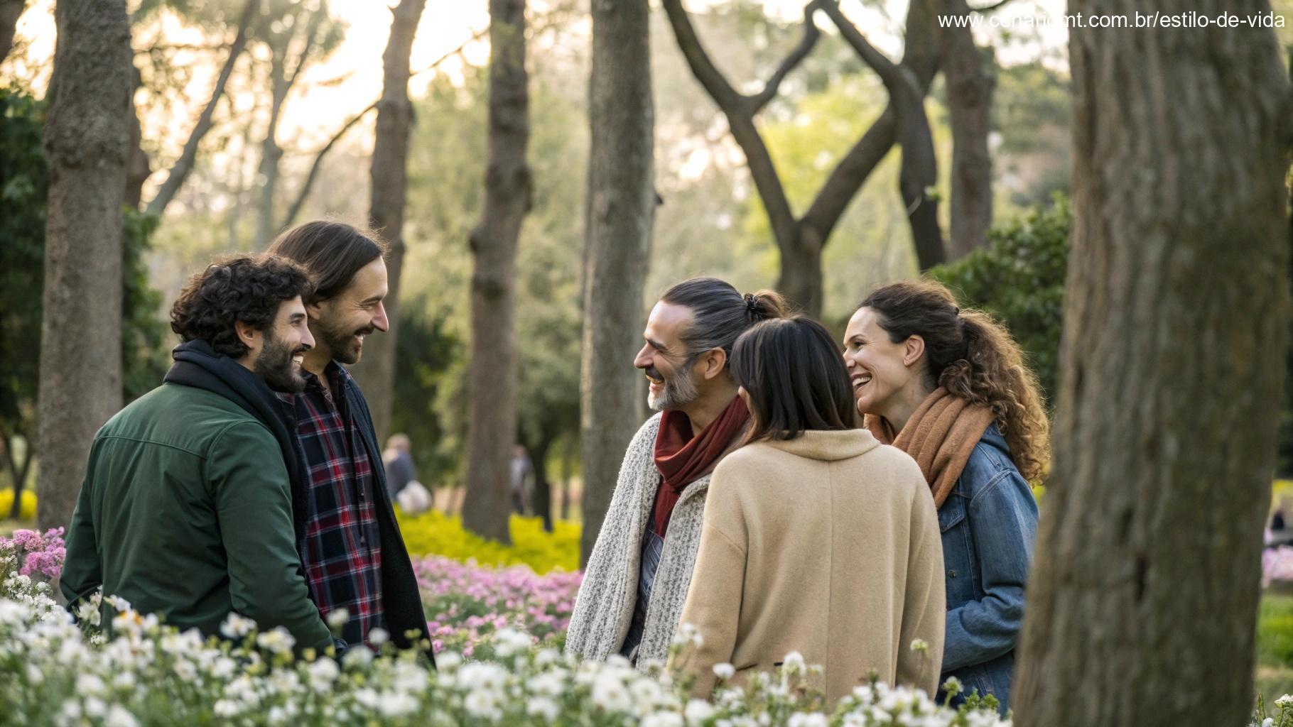 Grupo de pessoas compartilhando sorrisos e cumprimentos calorosos em um parque, trocando energia positiva.