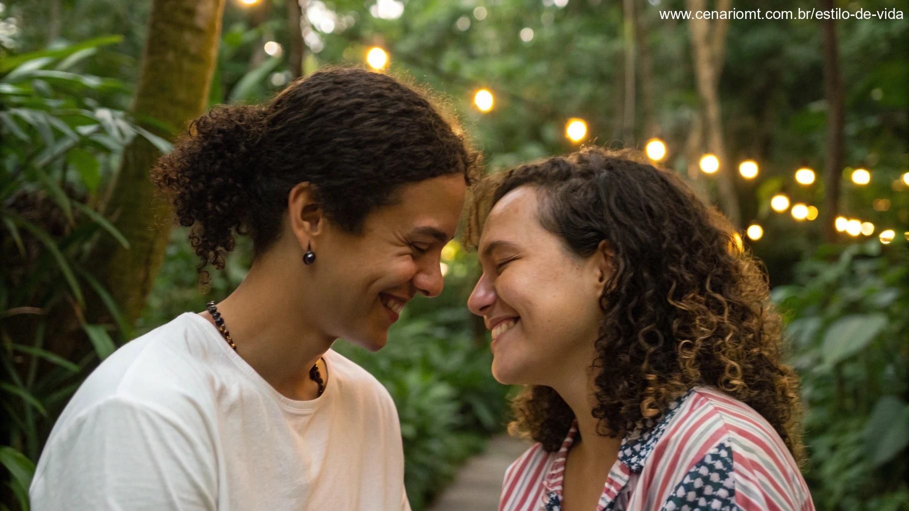 Cena acolhedora de duas pessoas compartilhando um sorriso em um ambiente ao ar livre.