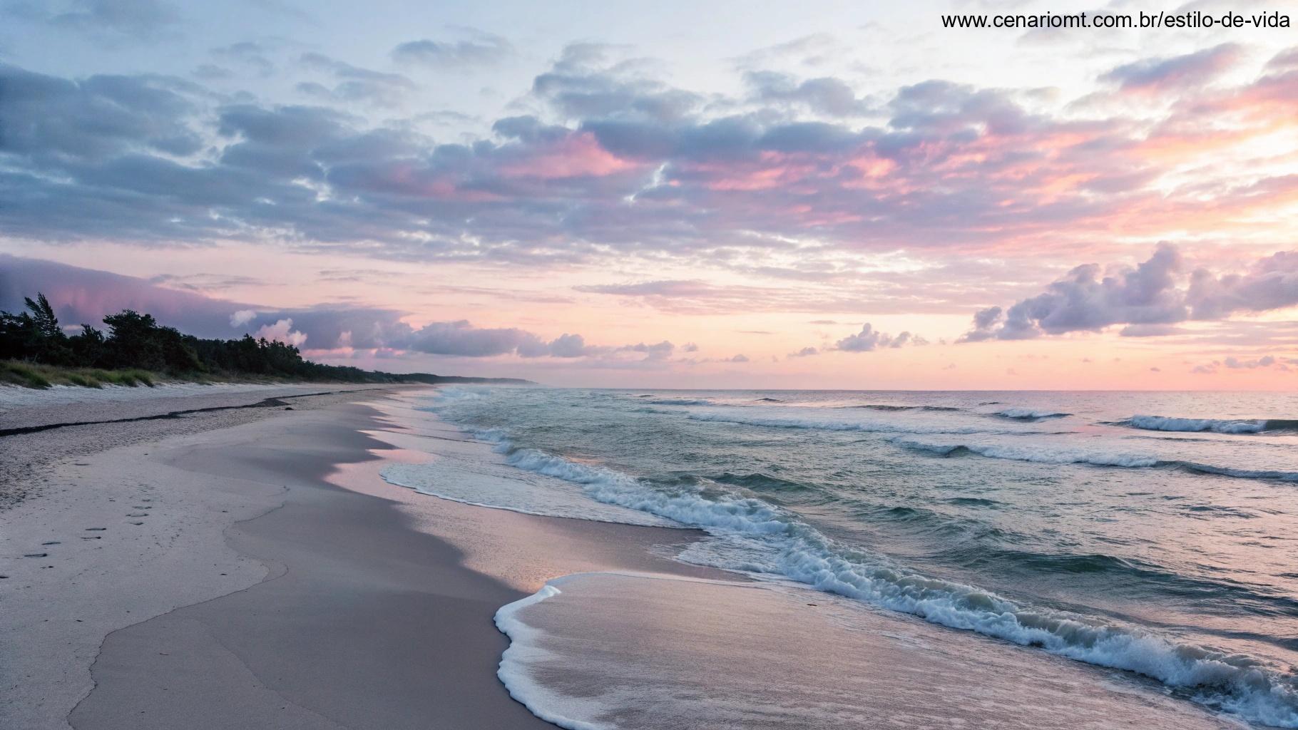 Praia tranquila ao amanhecer, ondas suaves e mensagem de esperança desenhada na areia.