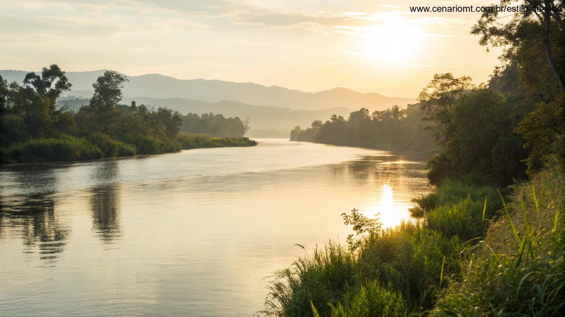 Um cenário sereno de um rio tranquilo, com luz suave refletindo na água, criando uma sensação de calma e encorajamento para compartilhar palavras de fé e carinho.