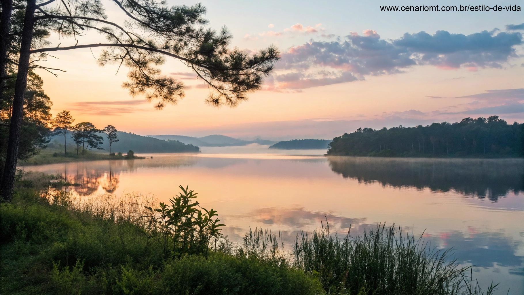 Lago tranquilo refletindo o amanhecer, representando fé e esperança.