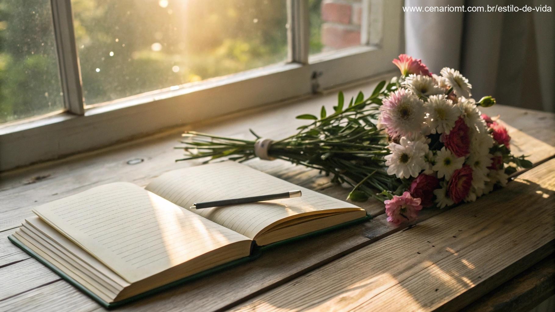 Livro aberto ao lado de um bilhete motivacional e um buquê de flores.