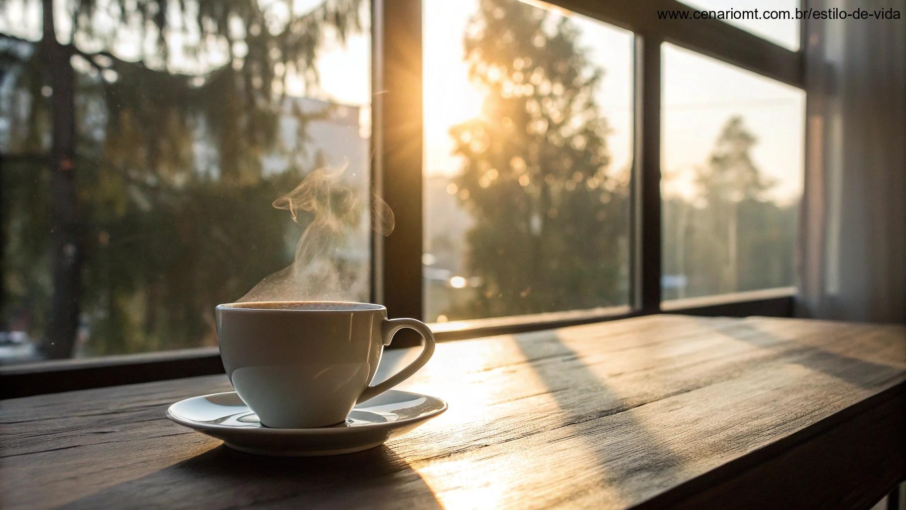 Uma xícara de café sobre uma mesa com luz suave entrando pela janela, representando o compartilhamento de mensagens positivas de bom dia.