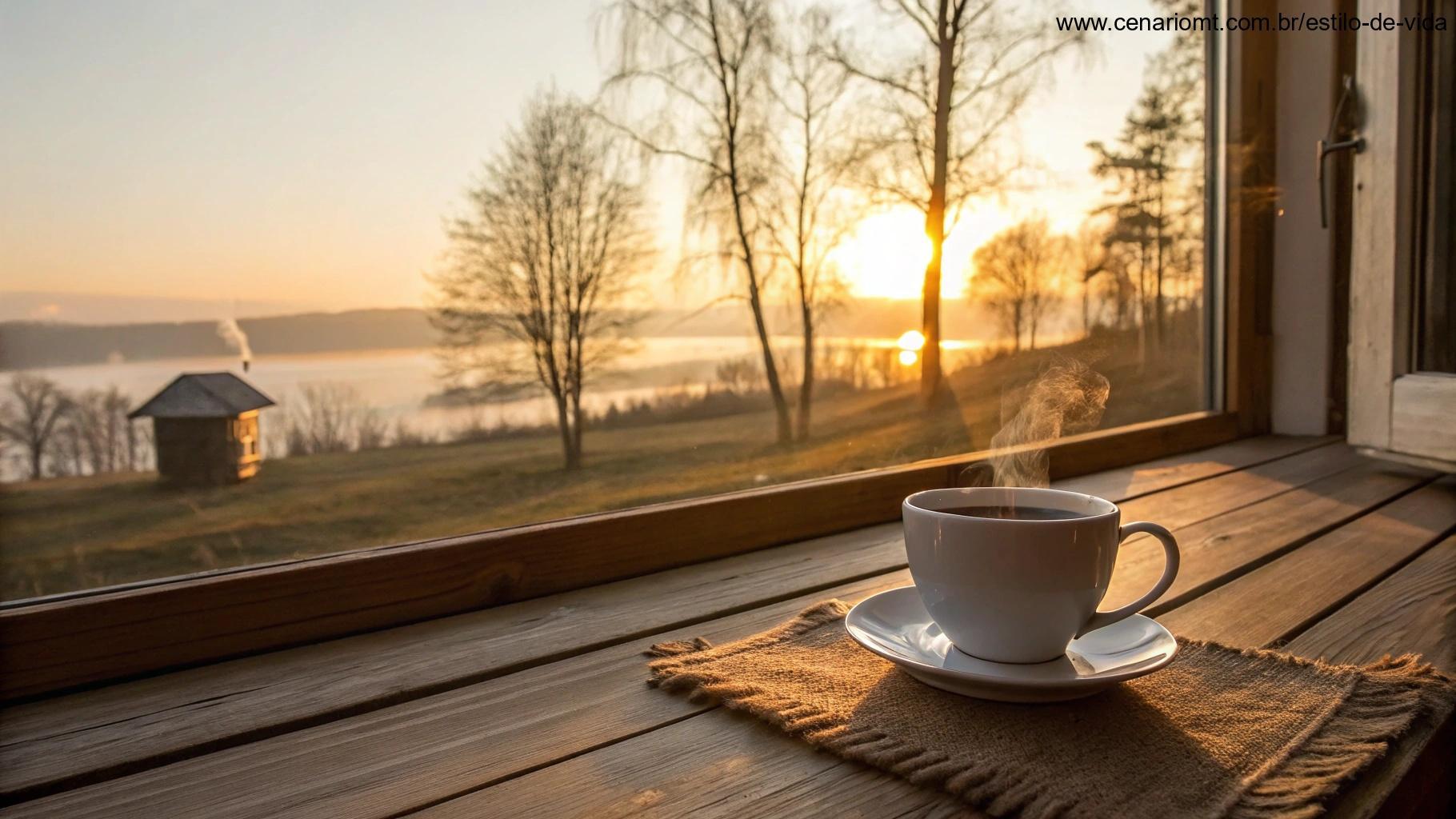 Cenário matinal aconchegante com chá quente, janela iluminada pelo nascer do sol.