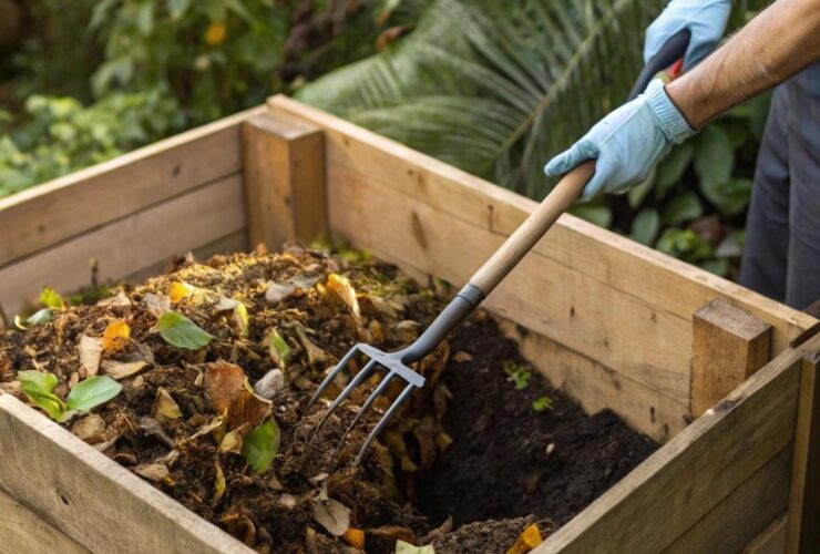 Sistema de compostagem caseira com uma caixa de madeira cheia de resíduos orgânicos.