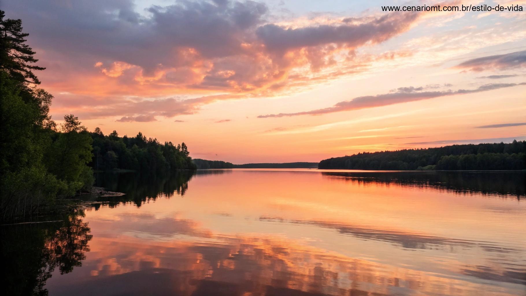 Um pôr do sol tranquilo sobre um lago calmo, simbolizando o fim de um dia de reflexão e a conclusão de uma jornada espiritual.