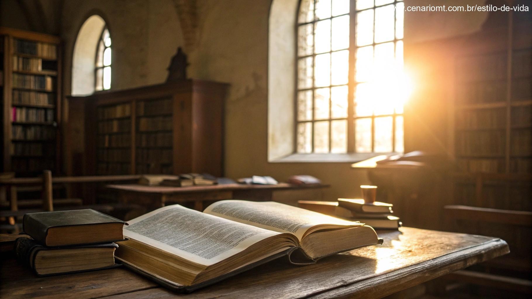 Ambiente de biblioteca com livros abertos e luz suave.