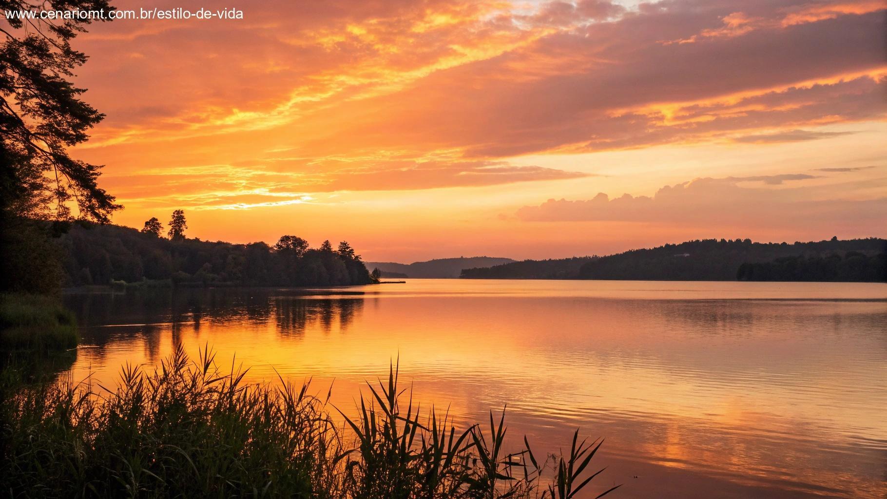 Pôr do sol sobre um lago calmo, simbolizando uma conclusão serena.