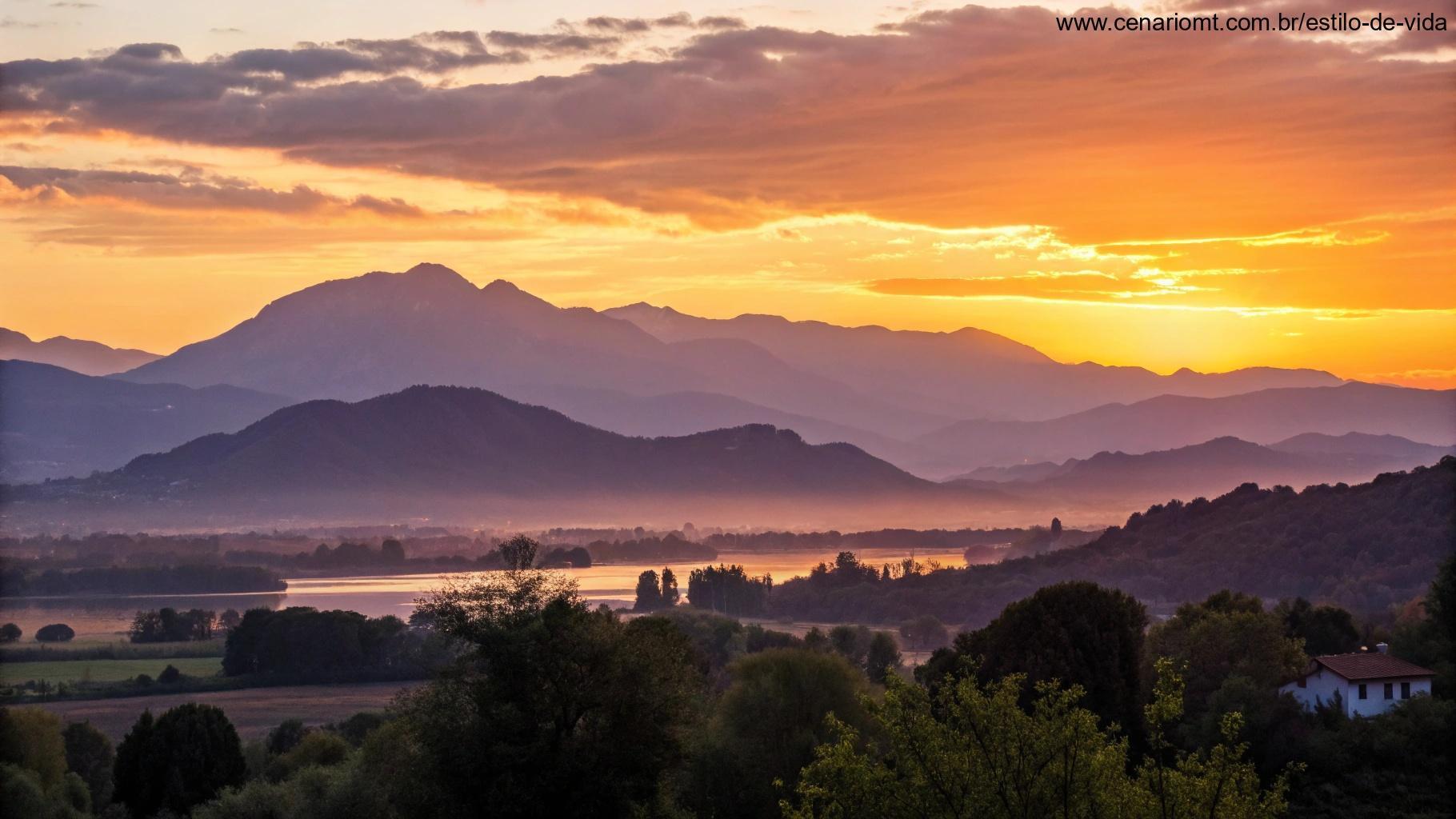 Um pôr do sol pacífico sobre uma cadeia de montanhas, simbolizando o fim de um dia de oração.