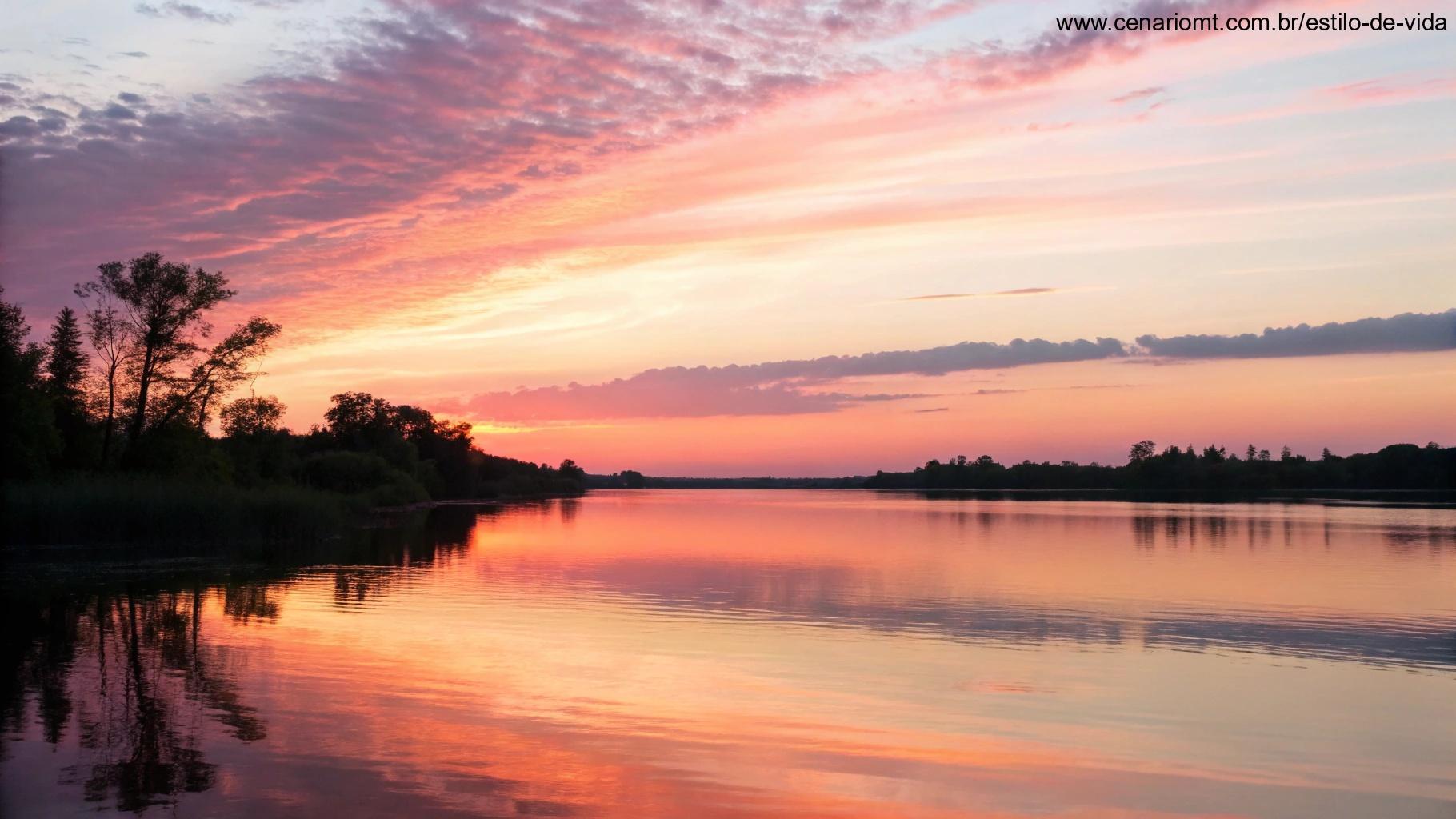 Imagem de um pôr do sol sereno com cores suaves de rosa e laranja refletindo na água calma, simbolizando o fechamento e reflexão tranquila do dia.