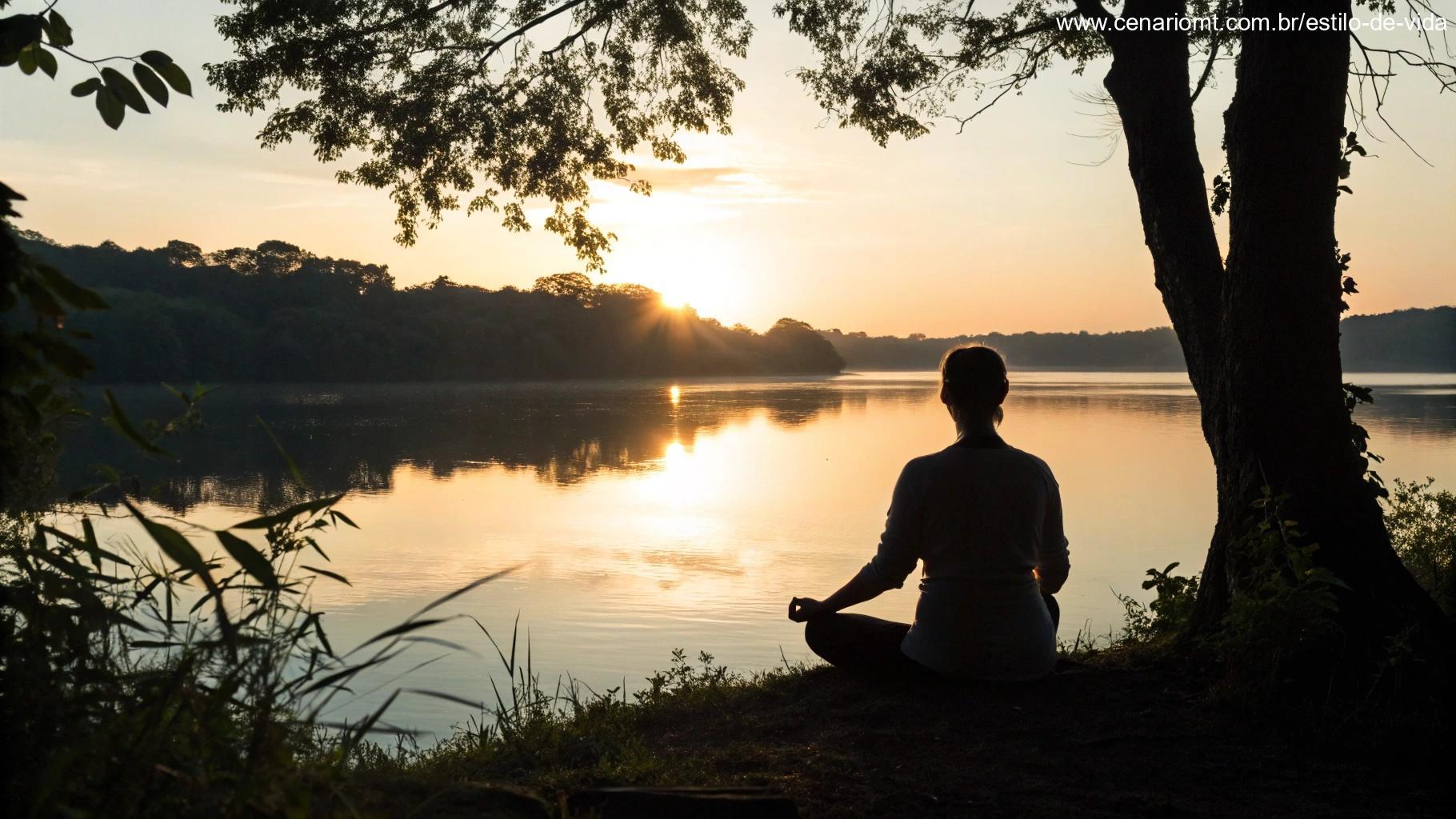 Pessoa meditando perto de um lago calmo ao pôr do sol