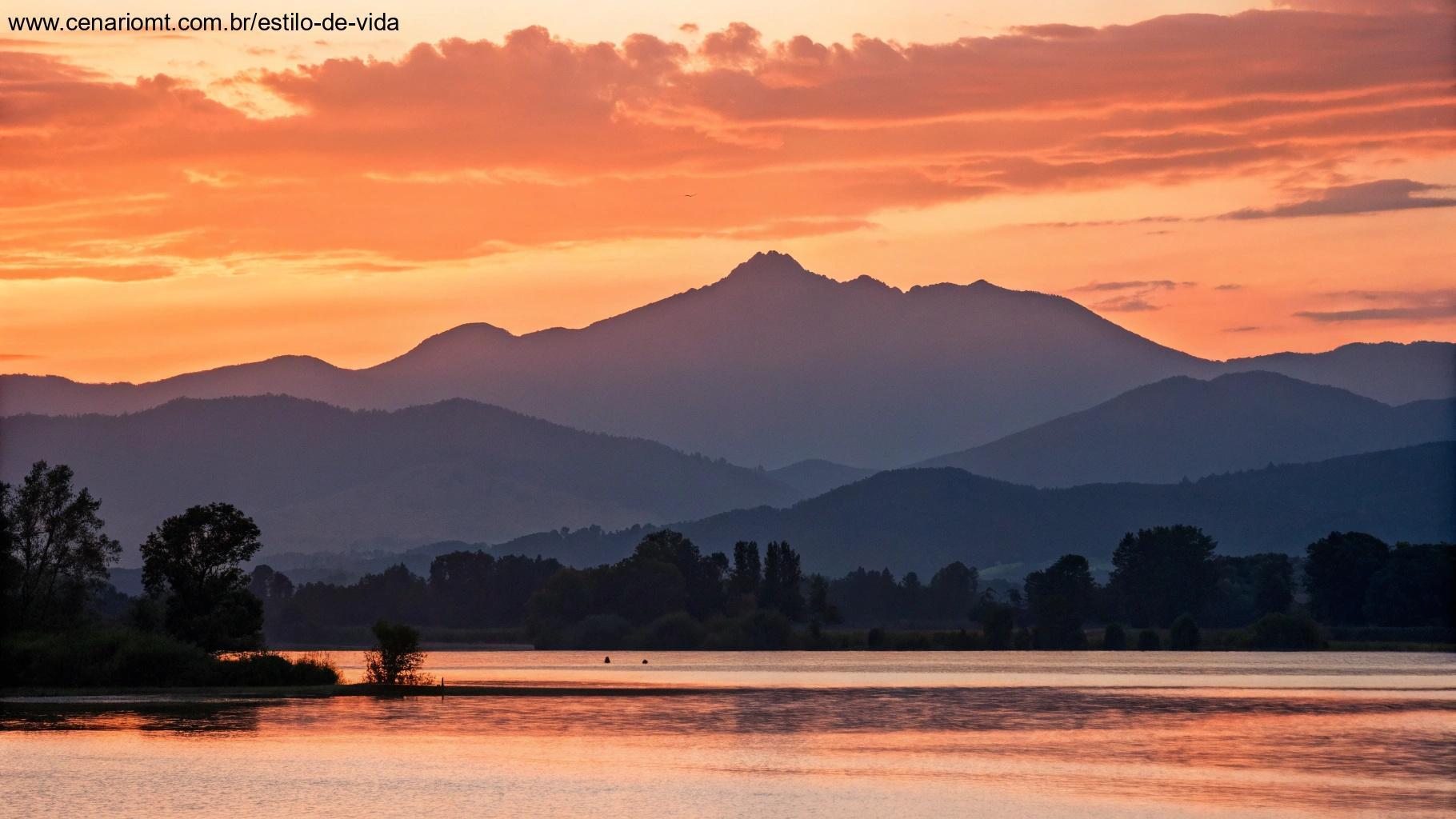 Pôr do sol tranquilo sobre uma cadeia de montanhas, simbolizando o final da reflexão do dia.