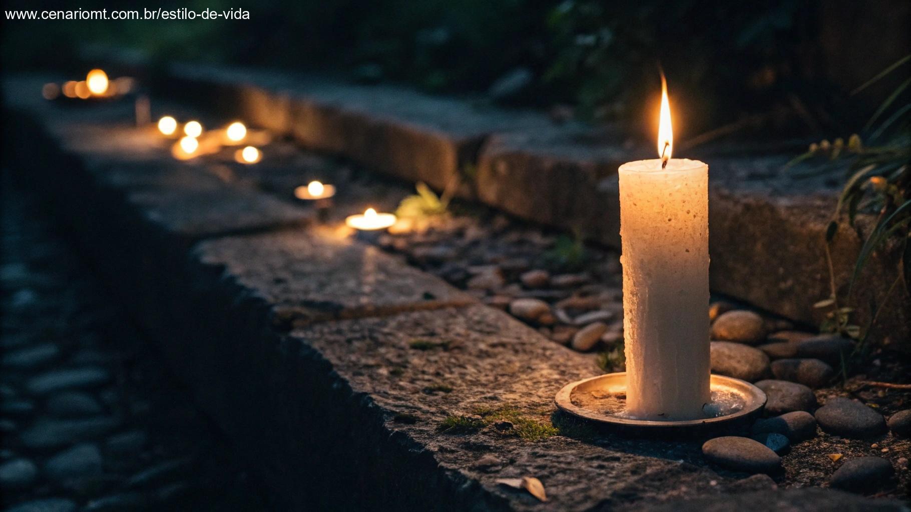 Chama de vela tremulando na escuridão, simbolizando esperança e oração.