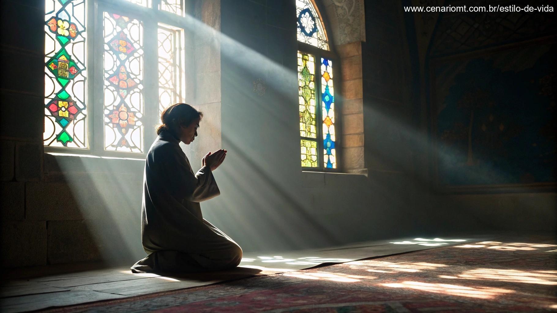 Imagem serena de uma pessoa em oração, com raios de luz suave passando por vitrais, simbolizando conclusão espiritual e paz interior.