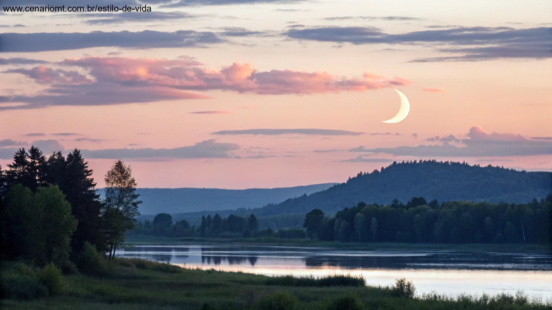 Cena tranquila e serena da lua crescente sobre uma paisagem tranquila, simbolizando novos começos e reflexão. Cores suaves e pastéis dominam o céu e a paisagem.