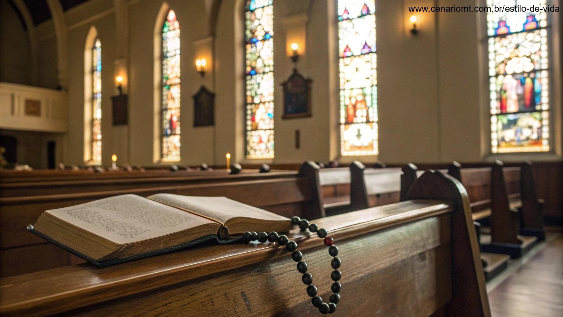 Interior de uma igreja com luz suave filtrando através de vitrais, uma Bíblia e um terço colocados em um banco