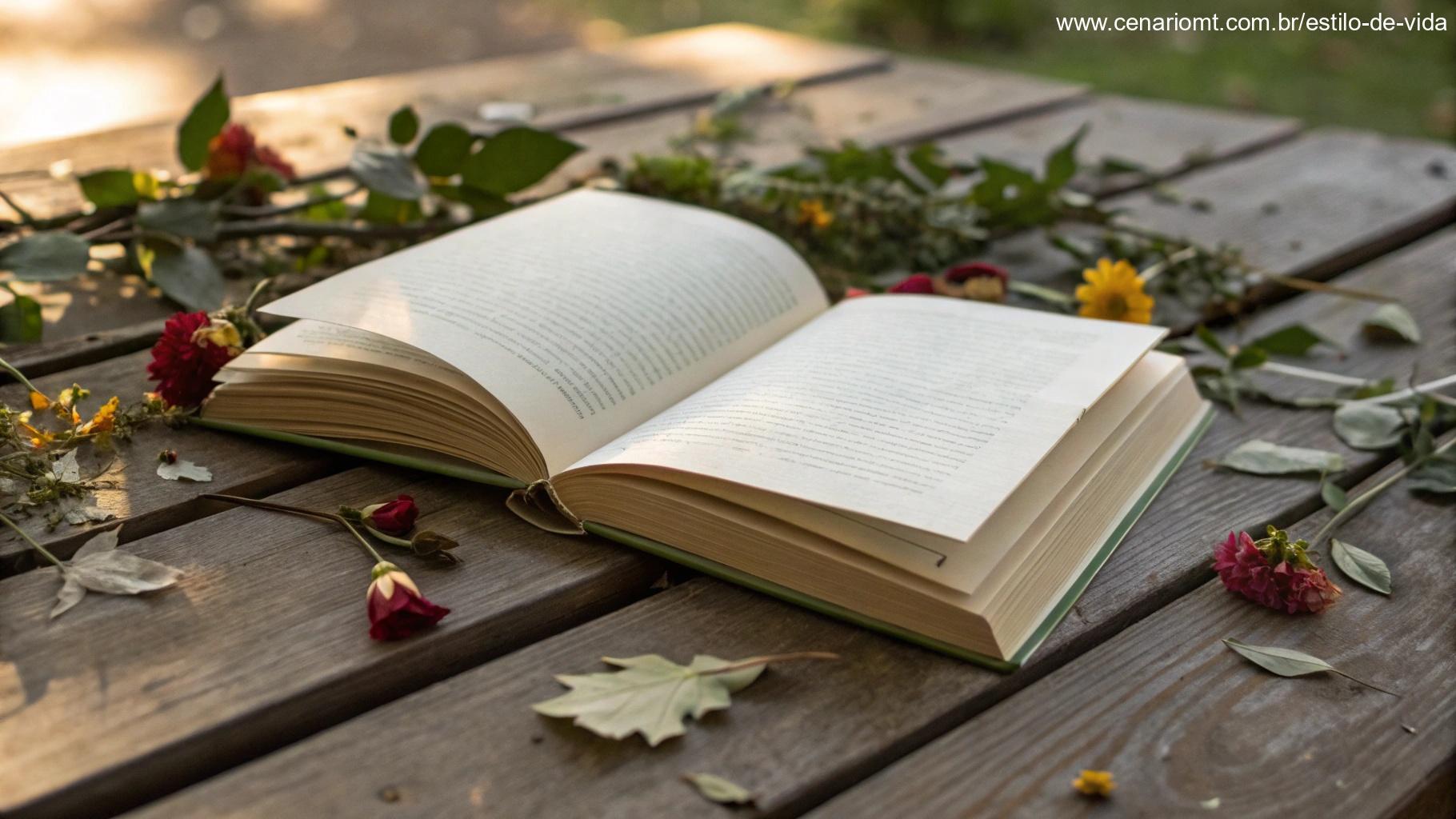 Um livro aberto em uma mesa de madeira, com uma luz suave iluminando as páginas, cercado por elementos naturais como folhas e flores, simbolizando conexão com a palavra.