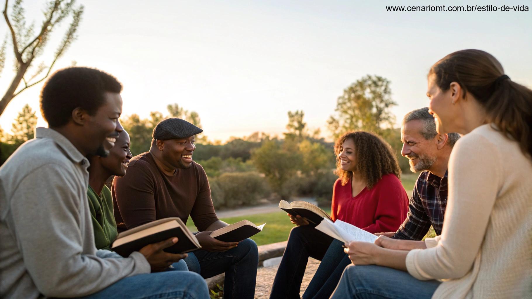 Um grupo de pessoas diversas sentadas em círculo ao ar livre, cada uma segurando uma Bíblia, com uma atmosfera calorosa e acolhedora, simbolizando comunidade e conexão com a palavra de Deus.
