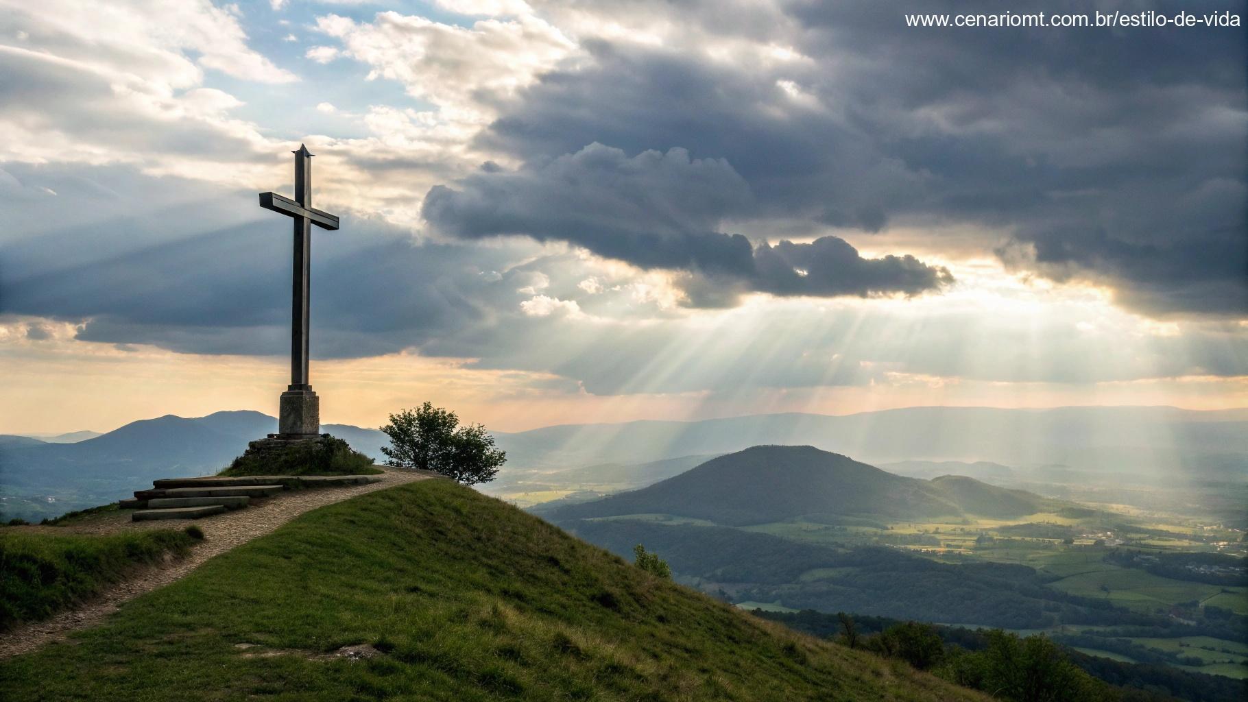 Cruz em uma colina iluminada por raios de sol que passam pelas nuvens.