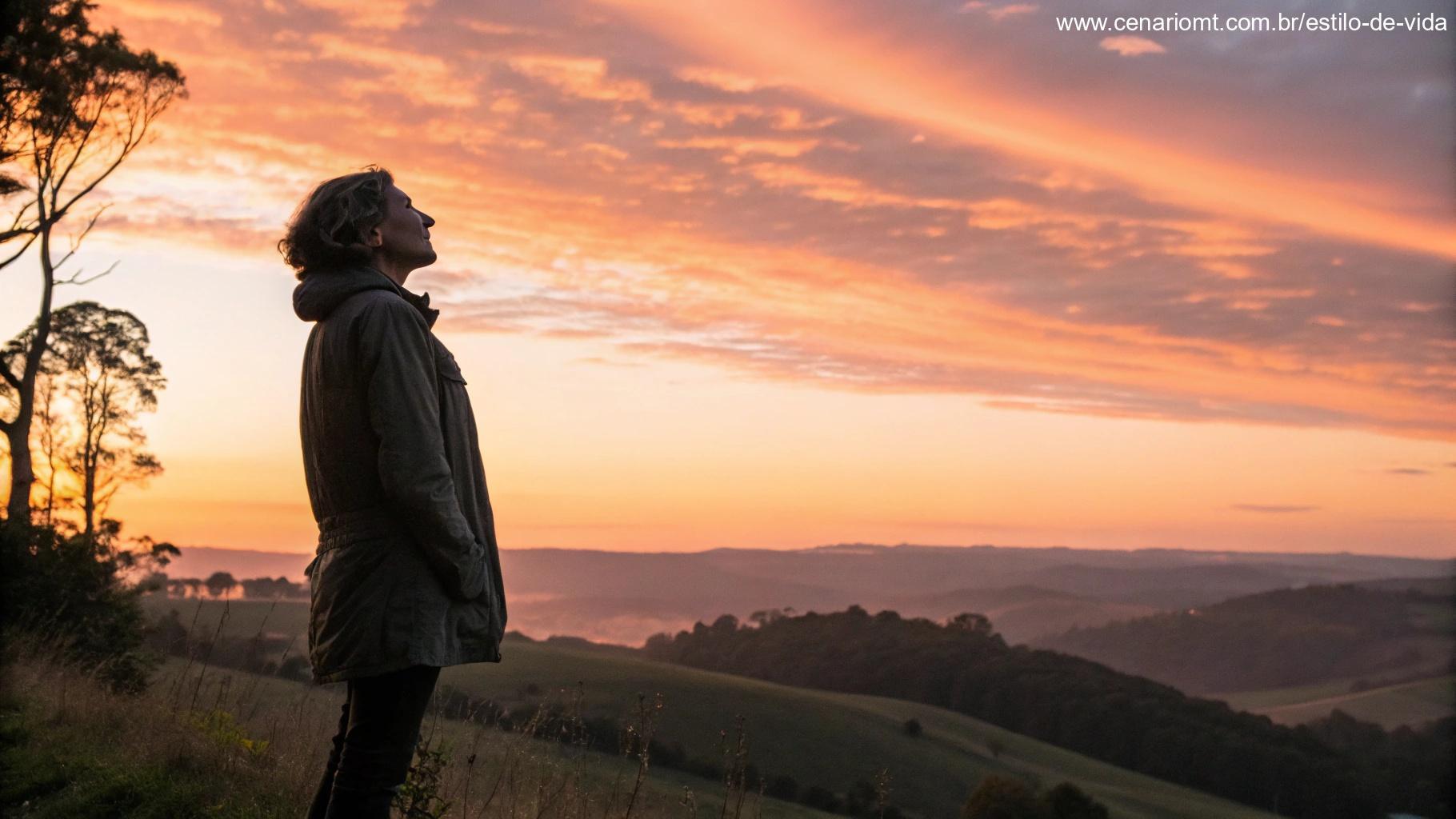 Pessoa em uma colina, observando um pôr-do-sol com um sentimento de serenidade e confiança no momento.