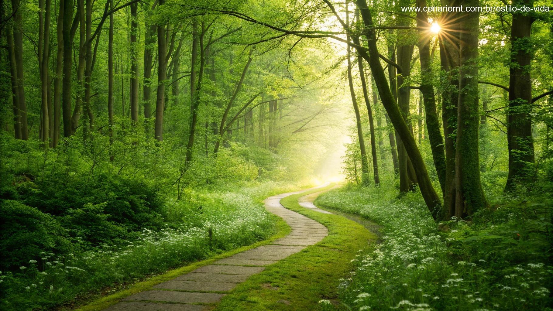 Caminho sinuoso através de uma floresta verde exuberante levando em direção a uma luz brilhante