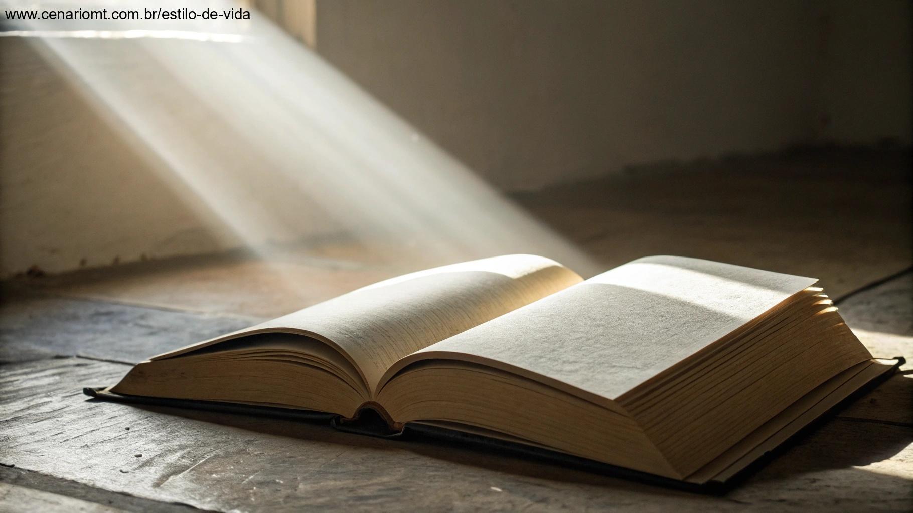 Livro aberto com páginas em branco sendo tocado por um raio de sol