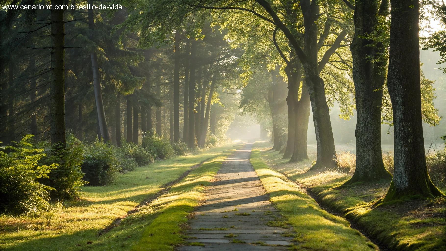 Paisagem serena com um caminho em uma floresta tranquila, simbolizando confiança nas promessas de Deus.