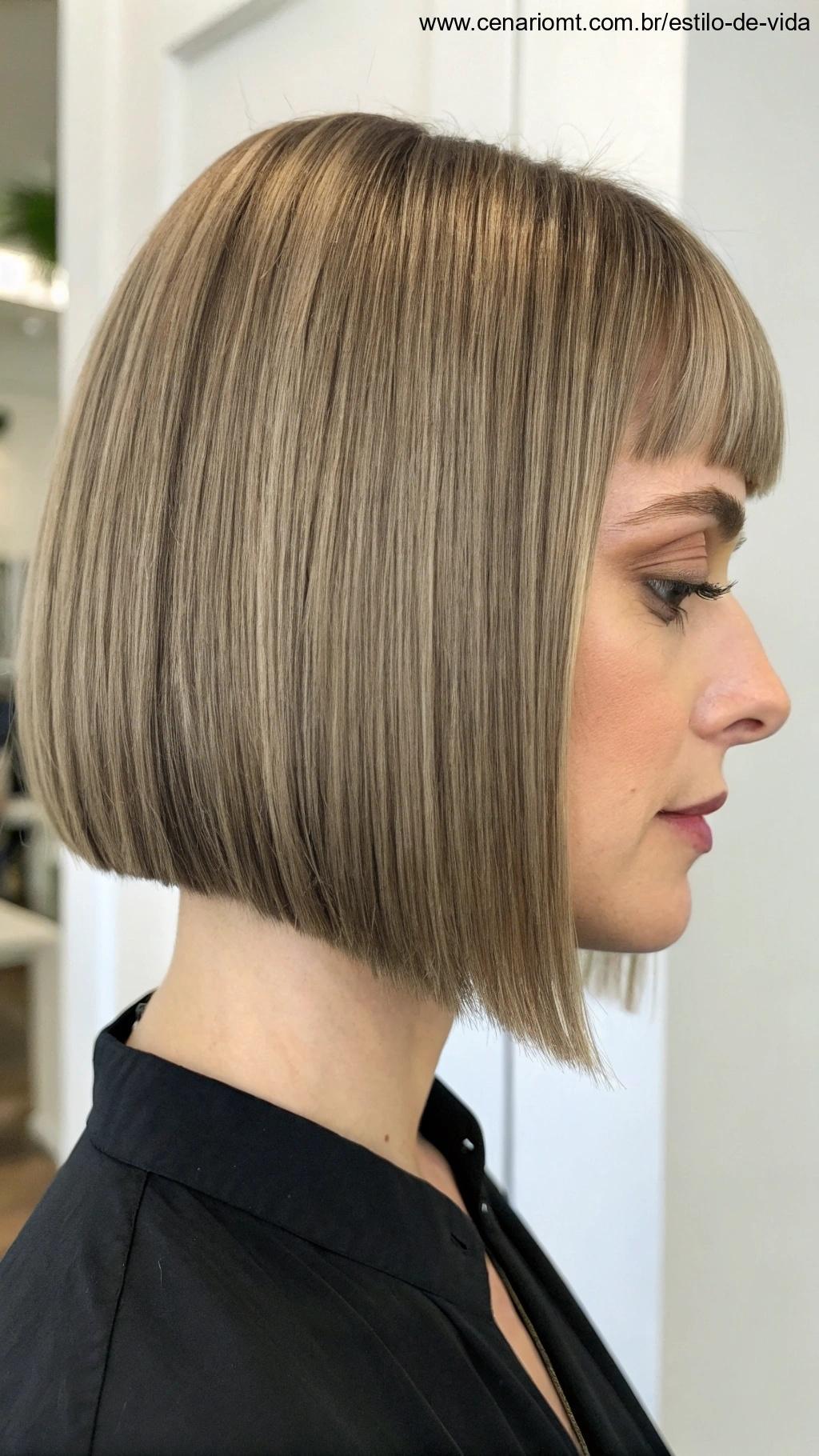 Corte blunt, com pontas retas e nítidas, oferecendo um visual sofisticado, elegante e minimalista.