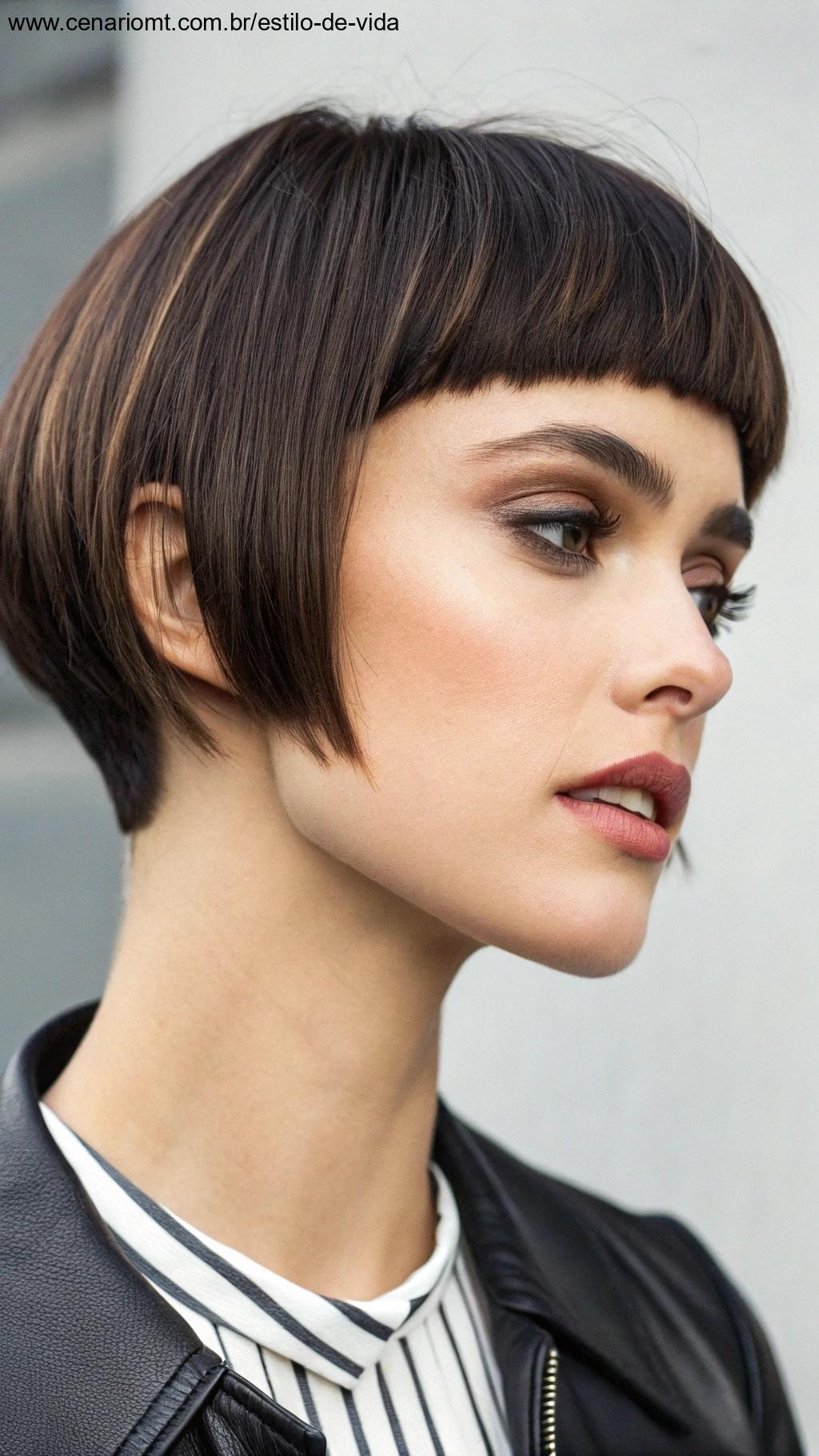Corte curto com franja, adicionando um toque ousado ao estilo, com linhas limpas e camadas nítidas para emoldurar o rosto de forma bonita.