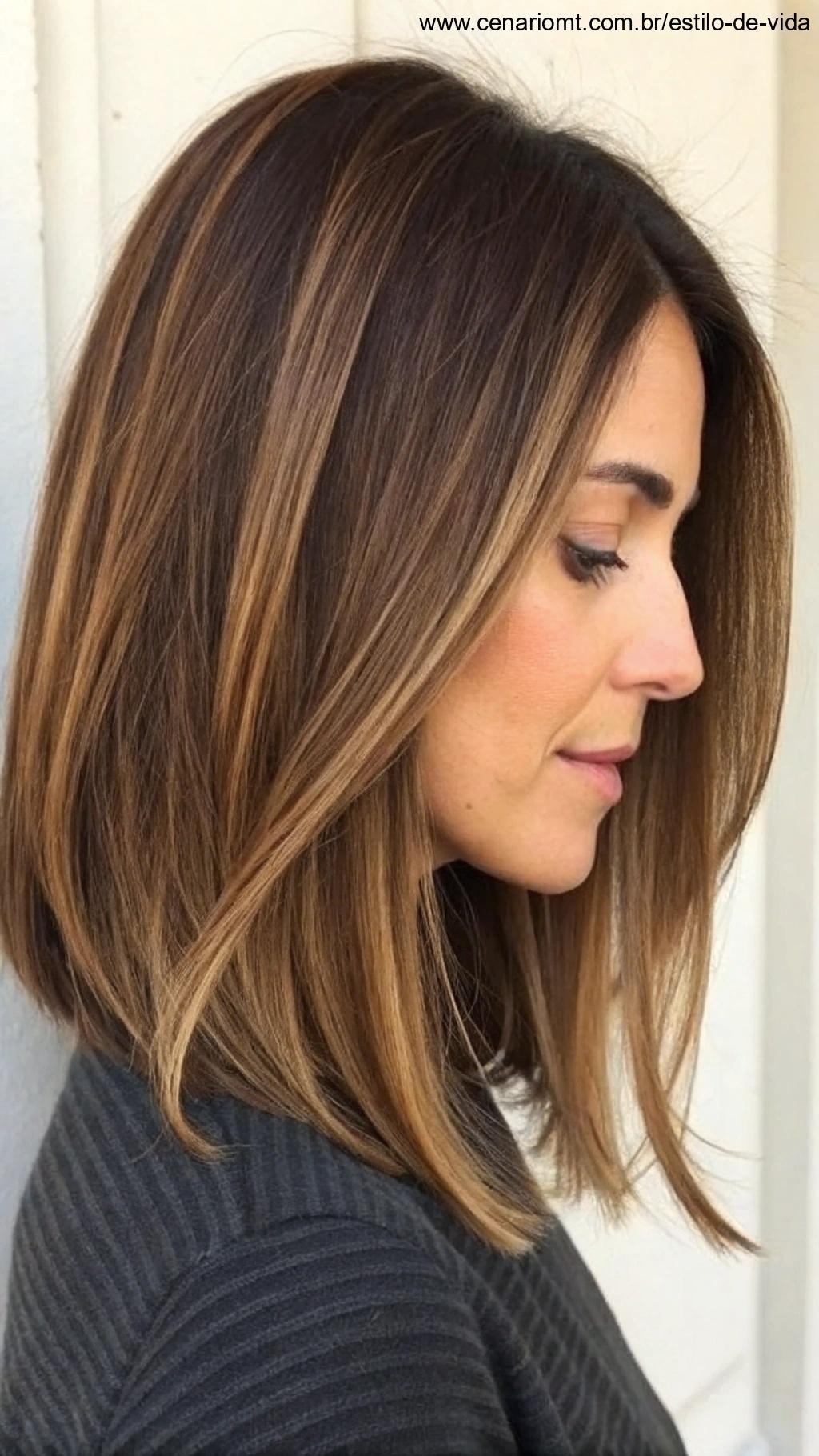 Corte long bob, com camadas sutis e linhas suaves, oferecendo o equilíbrio perfeito para quem deseja um estilo de comprimento médio sem cortar demais.