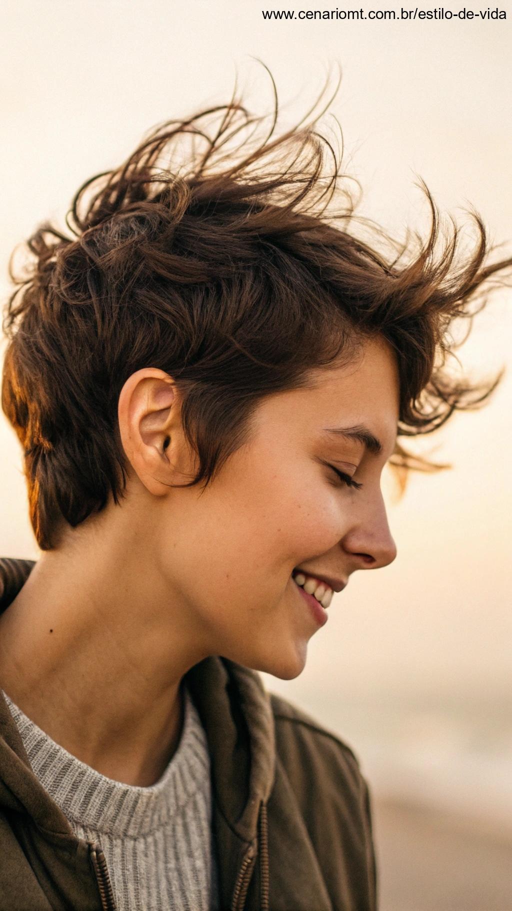 Corte que valoriza a textura natural, uma pessoa com cabelo curto mostrando a textura e movimento dos fios de forma natural e sem esforço, com uma atmosfera acolhedora e quente.
