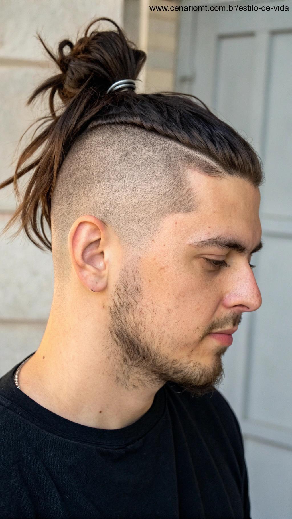 Corte undercut, com as laterais raspadas e cabelo mais longo no topo, criando um visual ousado e descolado para quem busca um estilo mais arrojado.