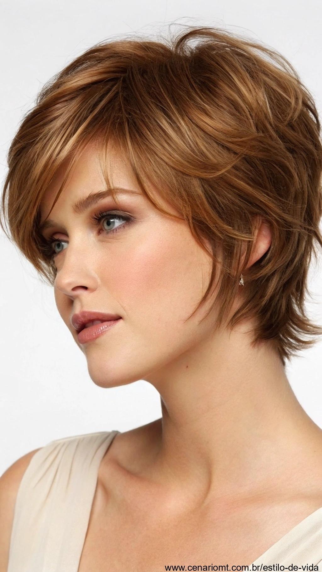 Corte curto para rostos redondos, com camadas que alongam o rosto.