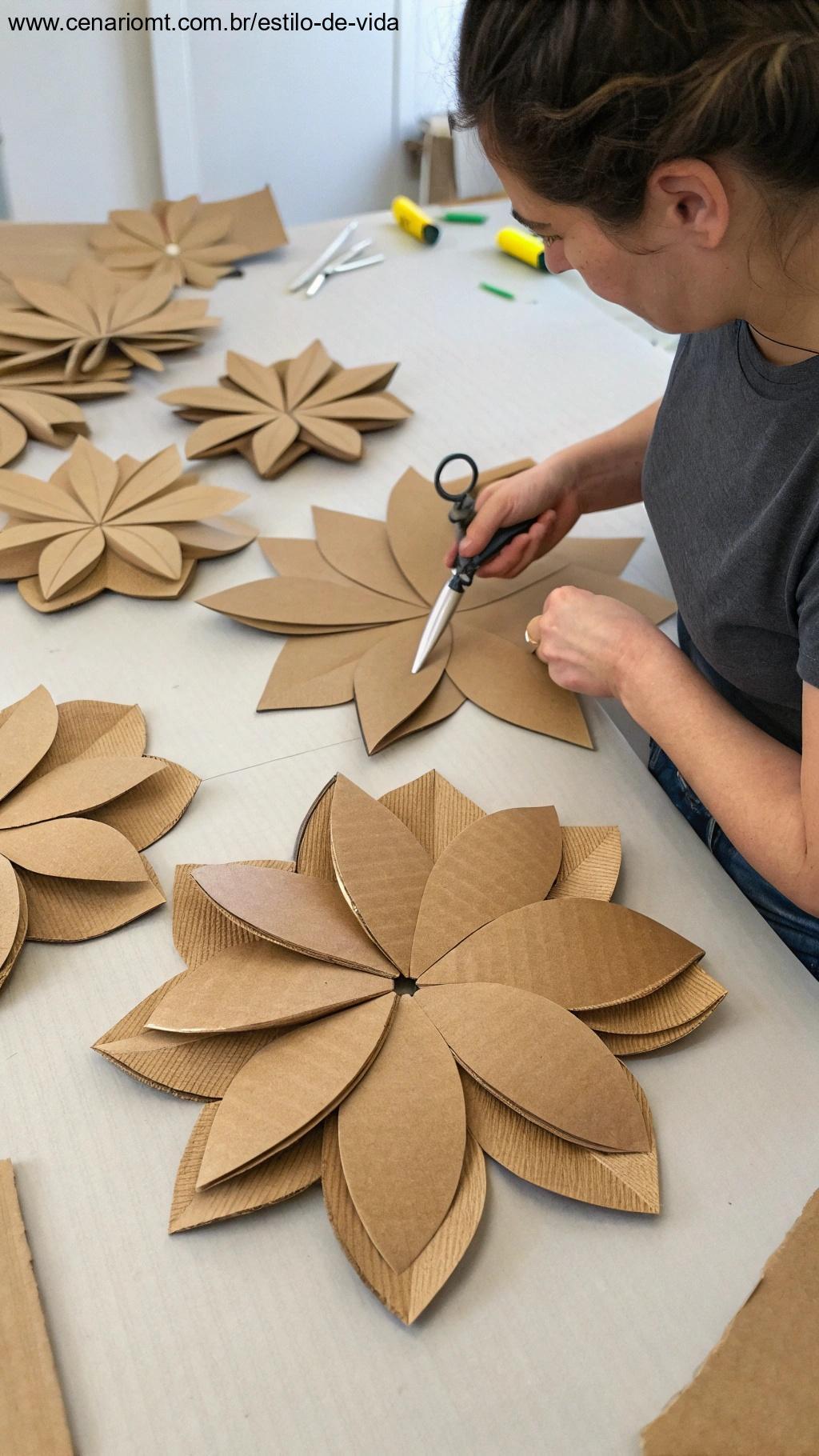 Processo de criação de flores a partir de papelão, com etapas de corte e montagem.