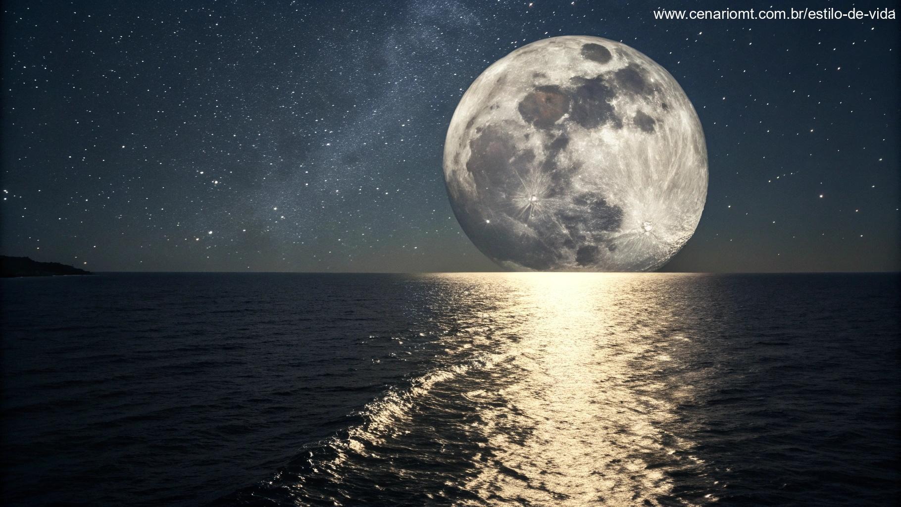 Ilustração artística da luz da Lua refletindo no oceano à noite.