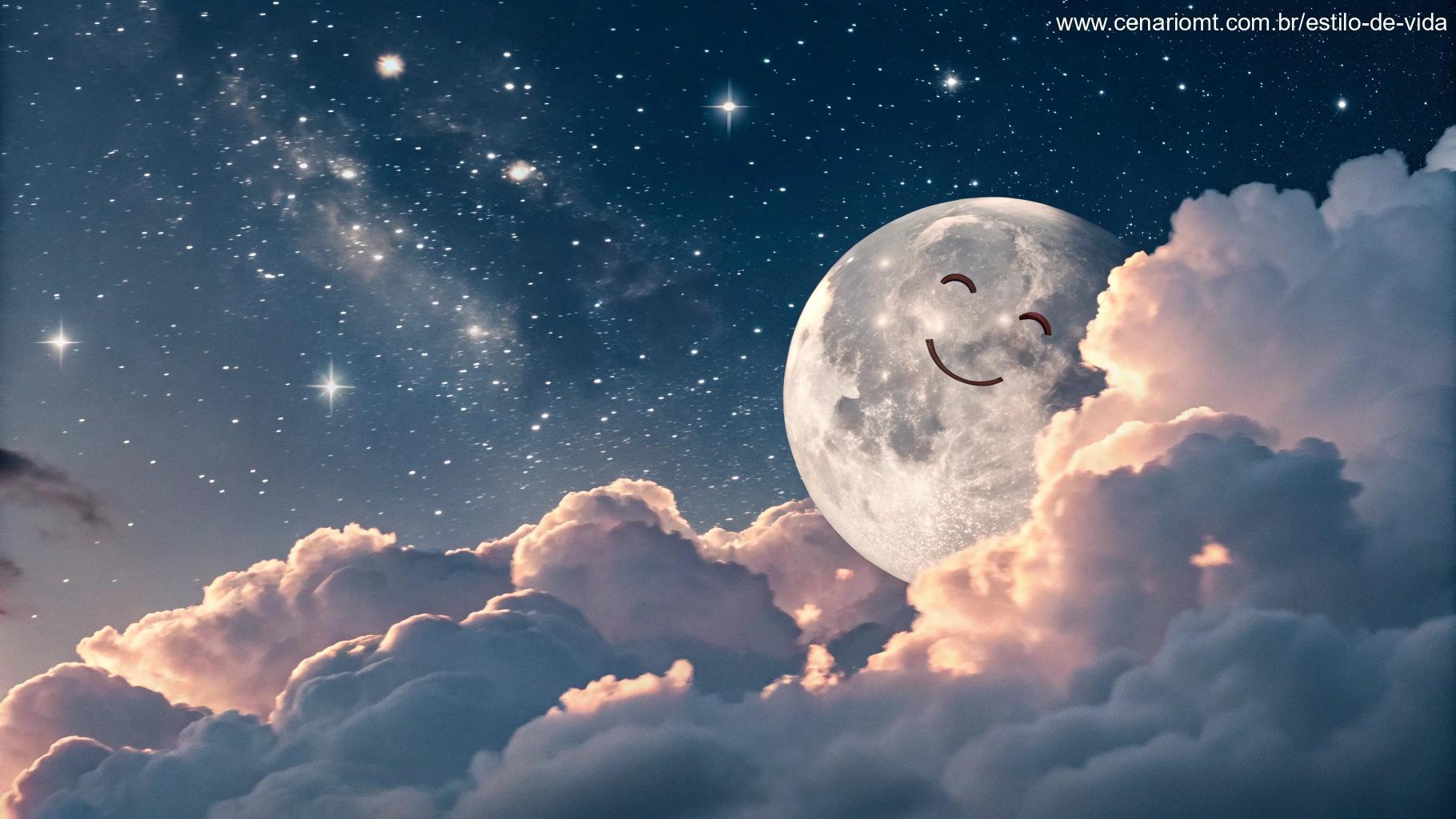 Ilustração caprichosa da lua com um rosto, sorrindo suavemente, cercada por nuvens e estrelas em um céu noturno sonhador