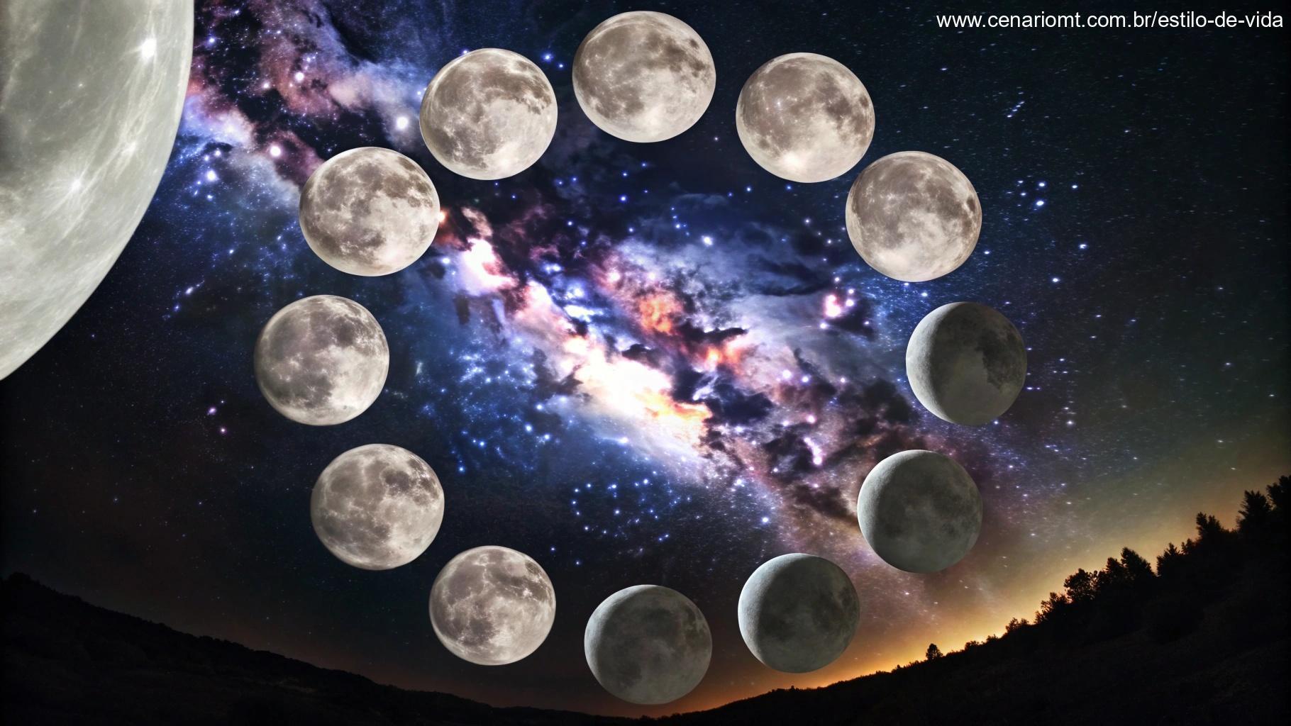 Colagem das fases da Lua em um padrão circular, com detalhes precisos e um fundo cósmico.