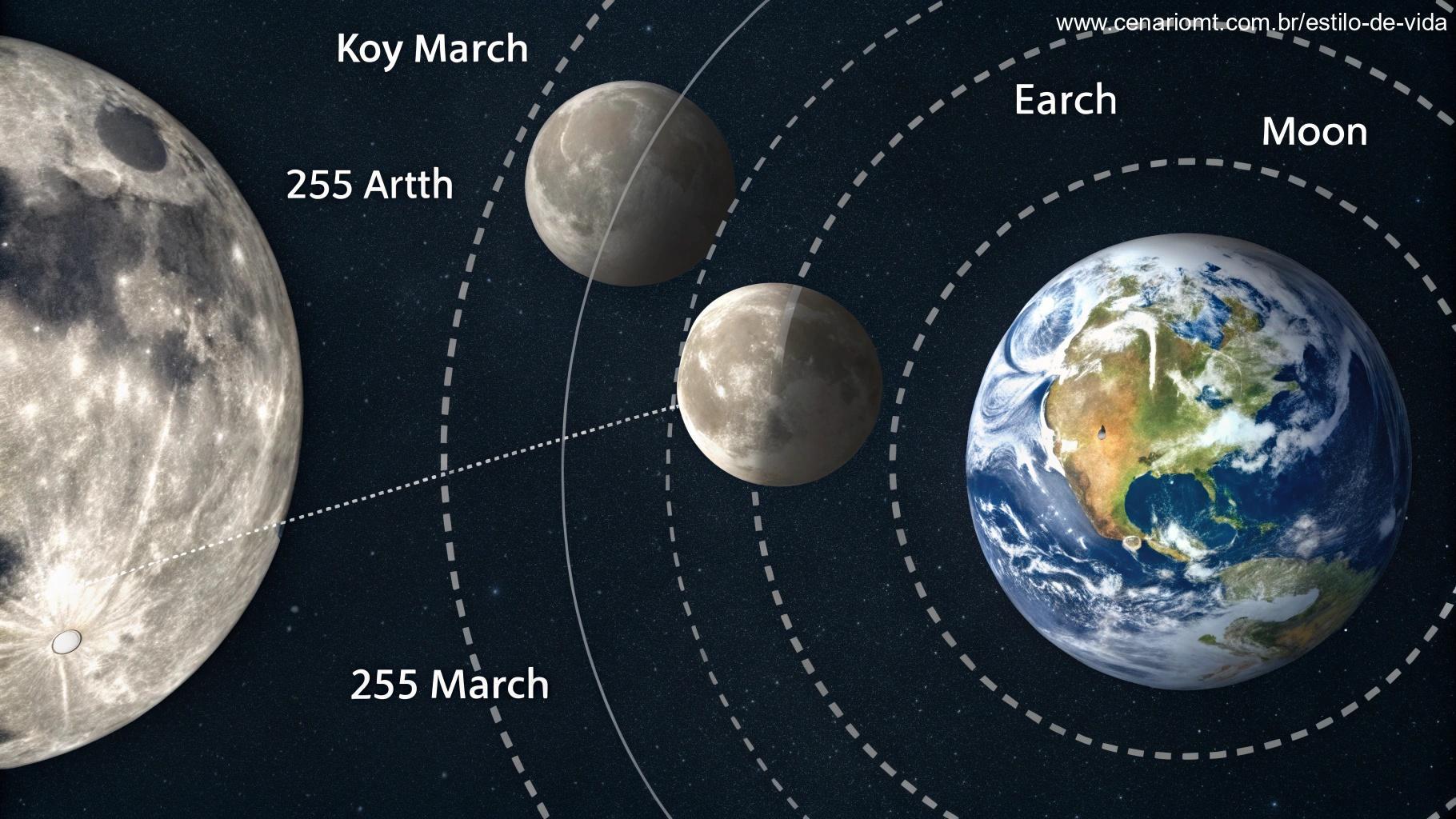 Infográfico artístico com curiosidades sobre a Lua em março de 2025.